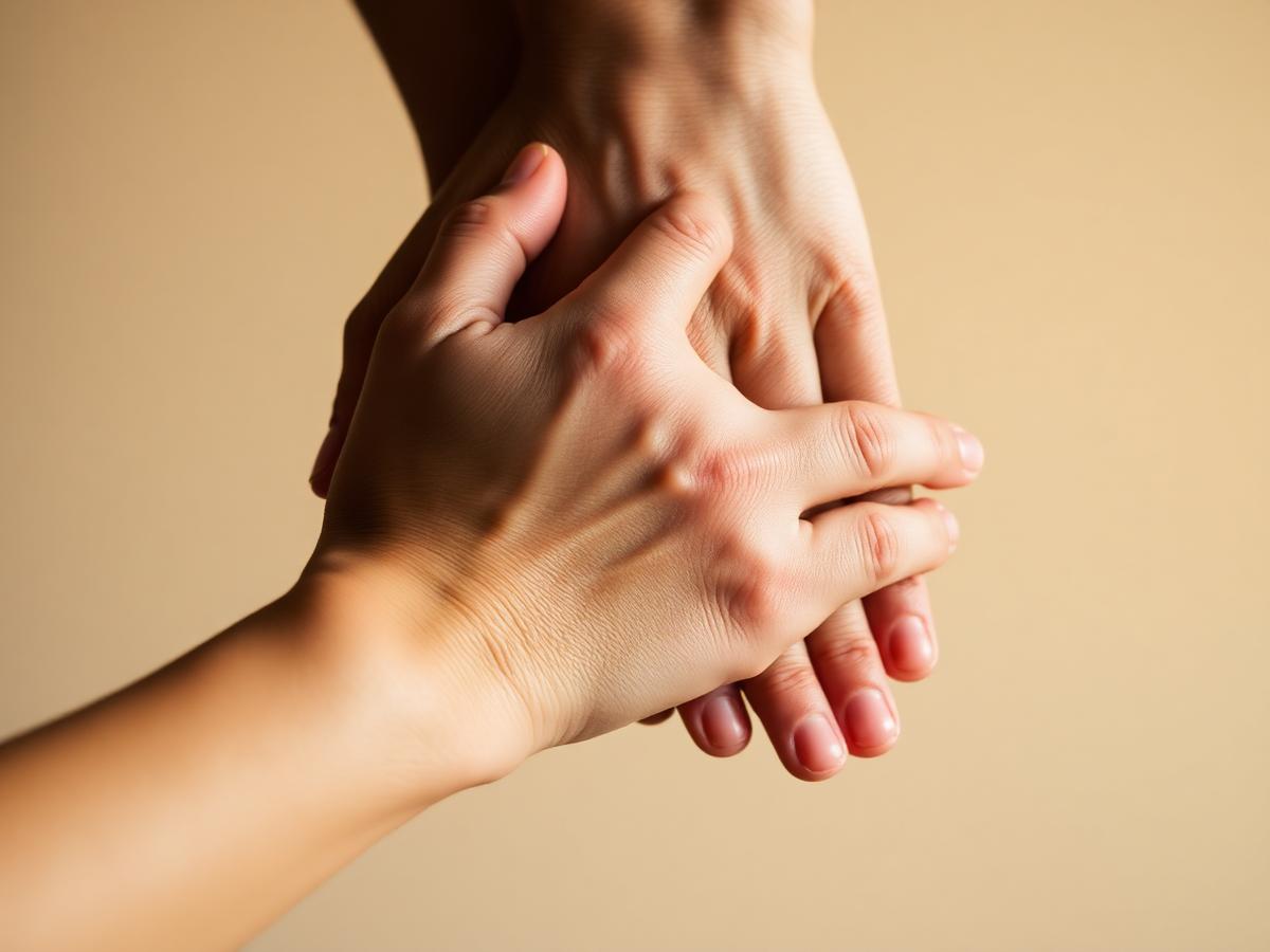 Two hands clasped in support, conveying empathy and recovery